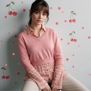 Moschino Boutique Sweater Vest Attached Layered Blouse Pink Gingham Size Small